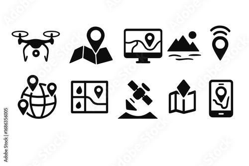 Drone mapping and GPS navigation icon set. Vector silhouette symbols for location, satellite tracking, terrain survey, and cartography. Geolocation and travel technology icons.