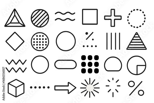 Set of universal icons. Minimalist geometric shapes and symbols. Basic abstract design elements for graphic projects. Line art forms, signs and patterns vector collection.