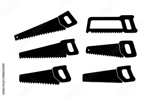 Hand saw silhouette icon set. Carpentry and woodworking tools. Vector collection of different saws for construction or manual labor. DIY, repair and craft equipment symbol.