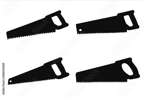 Hand saw silhouette icon set. Vector collection of carpentry and woodworking tools. Black handsaw symbols for construction, repair, or DIY projects. Sharp blade graphic element.