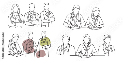 One Line Art minimal drawing doctor Set. Vector Modern illustration