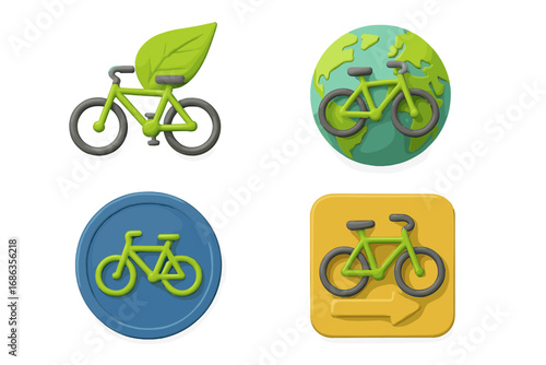 Eco friendly 3d bicycle icon set. Green transport concept. Planet earth, leaf and bike lane symbol. Sustainable transportation vector illustration for app, web and UI design.