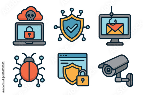 Cybersecurity icon set for internet data protection and online safety. Vector concepts of cybercrime, phishing, virus, malware, hacking, and network security. Flat cartoon style.