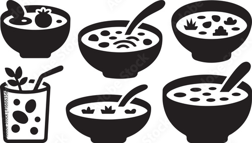 Delicious Soup Bowls and Drink Glass Icons Set for Nutritious Meal and Refreshment