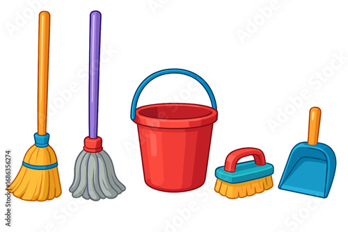 Vector cleaning tools set with broom, mop, bucket, scrub brush, and dustpan. Colorful cartoon illustration of housekeeping equipment for domestic chores and spring cleaning.