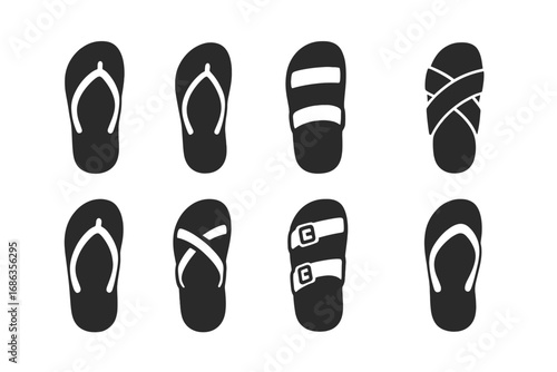 Collection of silhouette sandal and flip flop icons. Set of various summer footwear and beach shoe designs. Vector graphic illustration for fashion, travel and vacation concepts.