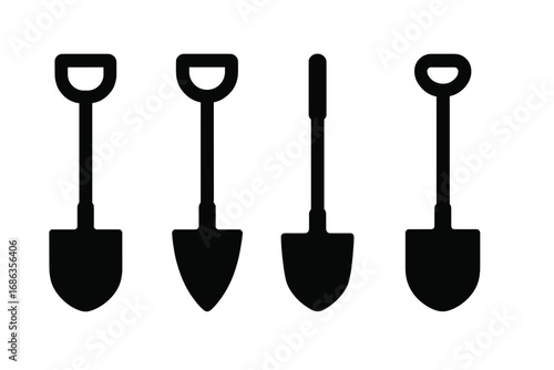 Shovel silhouette vector icon set for gardening and construction. Various spade designs for digging, groundwork, and farm work. Manual labor and excavation tool collection.