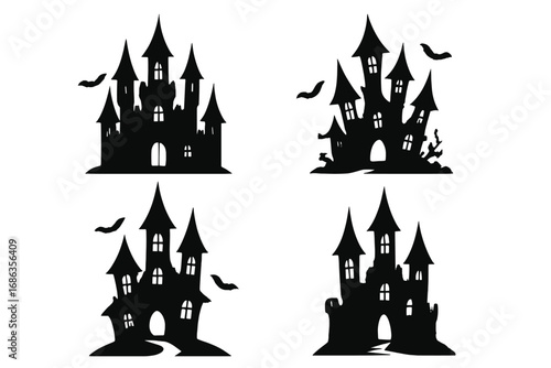 Set of spooky castle silhouettes for Halloween. Haunted house vector icons. Gothic palace, dark horror mansion with bats. Creepy mysterious building illustration collection.