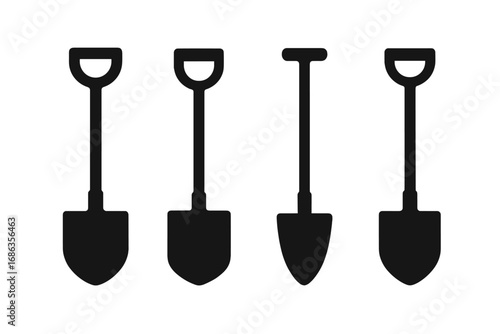 Shovel silhouette vector icon set. Spade and digging tool collection. Gardening, construction, farming equipment. Work, labor, digging symbol. Black isolated graphic element.