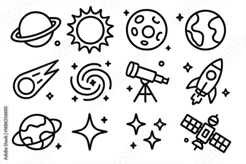 Space icon set. Astronomy and universe exploration. Line art celestial bodies collection. Planet, sun, moon, earth, galaxy, rocket, telescope, satellite, comet, star vector icons.