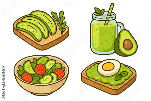 Healthy avocado food set. Vector illustration of breakfast and brunch dishes like toast with egg, green smoothie, and fresh vegetable salad. Organic diet meal for a healthy lifestyle.
