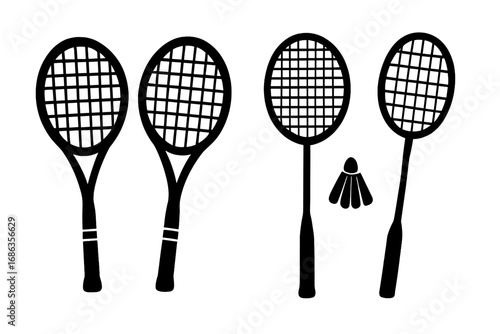 Tennis and badminton racket silhouette set. Vector sport equipment icon collection. Black graphic design elements for game, competition, and leisure. Racquet and shuttlecock.