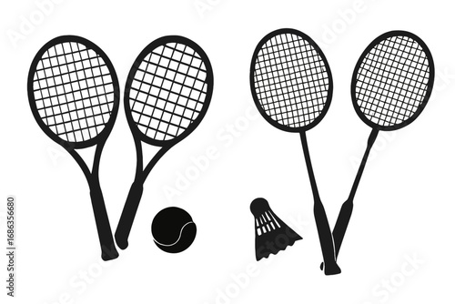 Silhouette set of tennis and badminton rackets with ball and shuttlecock. Vector illustration of sports equipment for game, competition, or hobby. Isolated black icon collection.