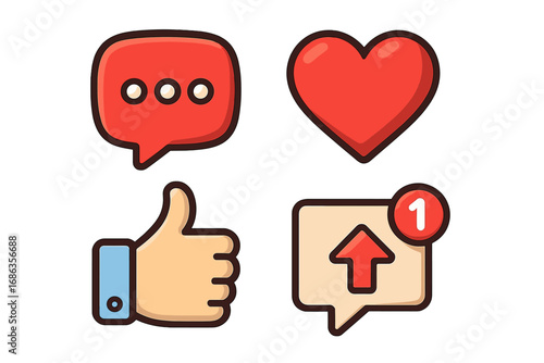 Social media engagement icon set. Vector cartoon illustration of user interaction symbols like, heart, comment, share, and notification for web and mobile applications.