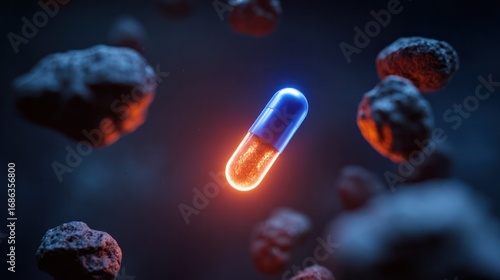 A glowing vitamin capsule floating in space, surrounded by asteroid-like fragments of meat, representing cosmic health.