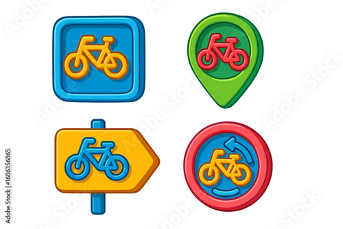Set of colorful 3D bicycle icons for navigation and maps. Includes bike path sign, location pin, directional arrow, and route symbol for UI/UX design. Vector cartoon graphic.