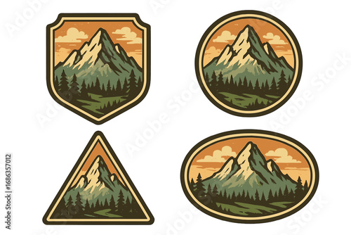 Set of vintage mountain adventure badges. Retro outdoor emblems with forest & peaks. National park logo patch for hiking, travel & climbing. Vector illustration label collection.