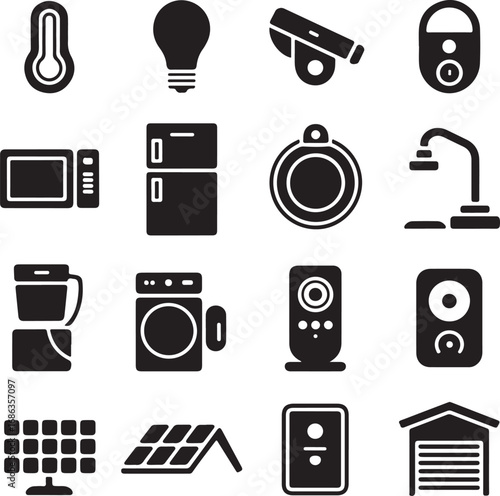 Home appliances and smart home technology icons in silhouette thermometer
