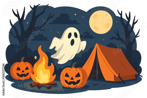 Spooky Halloween night camping scene with a friendly ghost and jack-o-lanterns. Vector cartoon of a haunted forest camp with a tent and campfire under the full moon for holiday fun.