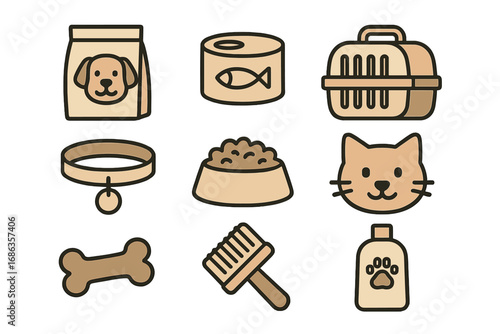 Pet care icon set with dog and cat essentials. Vector cartoon illustration collection of pet accessories like food, carrier, collar, bone, brush, and shampoo for a vet or shop.