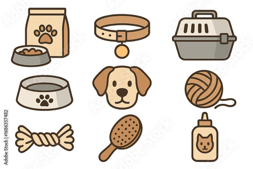 Pet shop and veterinary clinic icon set. Vector illustrations for dog and cat care essentials. Includes food, toys, collar, carrier, grooming brush. Minimalist cartoon style.