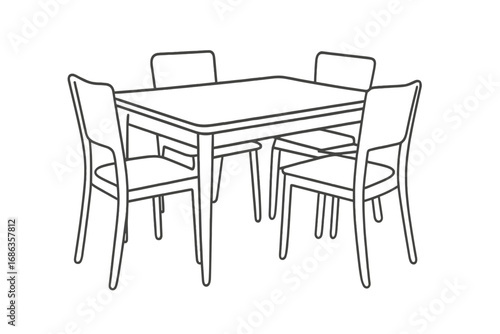 Modern dining table and chairs in continuous one line art style. Dining room furniture concept. Black linear sketch of a table set for home interior design isolated on white.