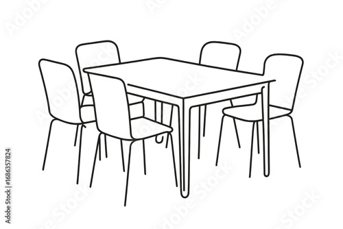 Modern dining table and chairs in continuous one line art style. Dining room furniture linear sketch. Minimalist interior concept vector illustration isolated on white background.
