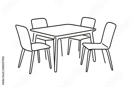 Modern dining table and chairs in continuous one line art style. Black linear sketch of dining room furniture. Home interior design concept. Minimalist vector illustration.
