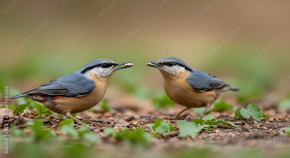 Fototapeta premium Nuthatches feeding with forest floor.