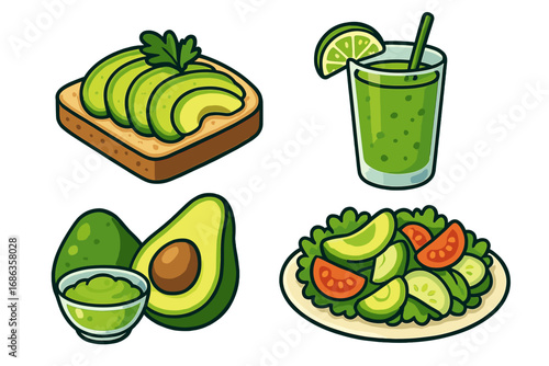 Avocado food set with toast, smoothie, guacamole, and salad. Healthy vegan breakfast or lunch concept. Fresh organic meal icons for diet. Vector cartoon food illustration.