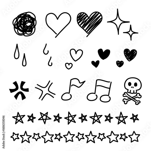 色々な手描きマークのイラスト モノクロ 感情