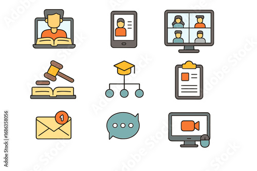 Online learning and communication icon set. Vector flat design elements for e-learning, webinar, digital education, video conference call, online course, student and legal studies.