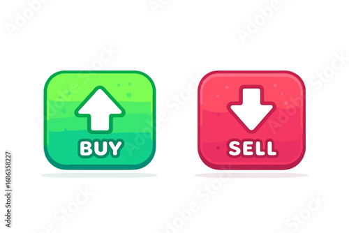 Buy and sell gradient buttons for trading and finance apps. Vector up and down arrow icons for stock market, forex, and crypto user interface design. Cartoon style UI elements.