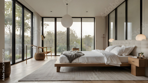  Sunlit minimalist bedroom with large floor-to-ceiling windows, white linens, pale wood accents
