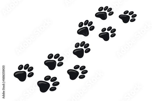 Vector illustration of an animal paw print trail. Footprints of a dog, cat, or bear. Black glossy footsteps path isolated on a white background. Pet track silhouette icon set.