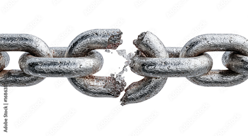 Obraz premium A section of a metal chain is broken, revealing a fractured link. The chain links are gray and appear worn. The break is sharply defined and the pieces of the broken link are jagged