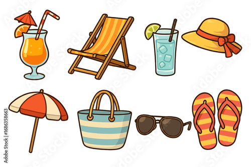 Summer vacation icon set. Beach accessories for seaside relaxation. Vector cartoon illustration of cocktail, drink, chair, hat, umbrella, bag, sunglasses, and flip-flops.