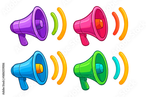 Colorful 3d megaphones set with vibrant sound waves. Vector cartoon illustration for announcement, marketing, and communication. Loudspeaker or bullhorn icon collection.