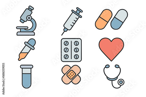 Medical Icons Set with Microscope, Syringe, Pills, Heart, Stethoscope, Bandages, Test Tube, Droplet in Simple Flat Vector Cartoon Style with Transparent Background