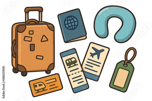 Travel and vacation icon set for trip planning. Vector cartoon illustration of travel essentials: suitcase, passport, flight and train tickets, neck pillow, luggage tag.