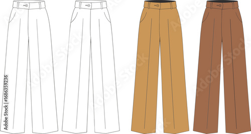 High waist women wide leg pants technical fashion flat, front and back view, CAD drawing, editable vector template illustration