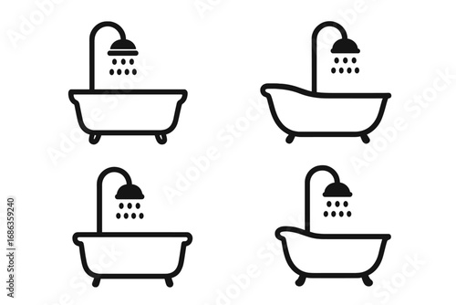 Minimalist bathtub and shower icons set in black and white, vector cartoon illustrations with transparent background, stylish bathroom design elements, ordered icon collection
