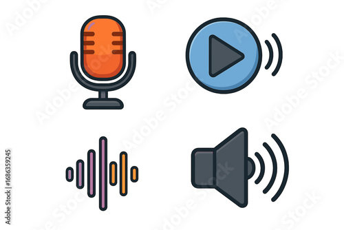 Audio icon set for music and podcasting. Vector symbols for voice recording, playback, sound production. Microphone, speaker, play button, equalizer waveform for digital media.
