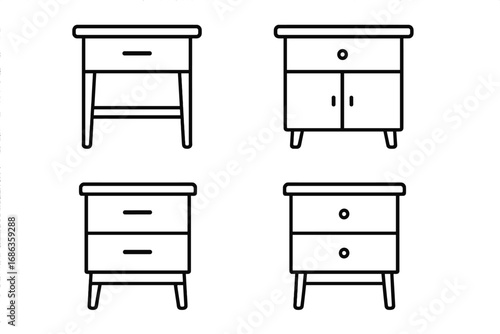 Minimalist black and white line art of modern nightstands collection, vector cartoon illustration with transparent background, sleek bedside tables set, furniture icon design