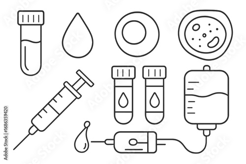Various line drawings depicting healthcare icons including blood samples, blood cells, syringes, infusion methods, and medical test tubes, vector cartoon illustration with transparent background