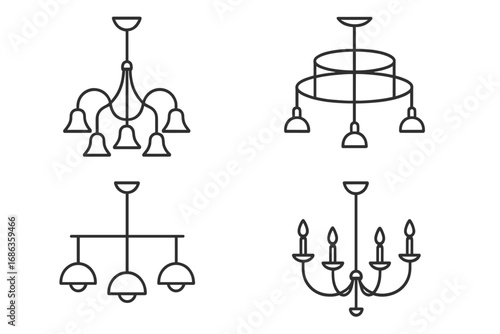 Minimalist chandelier outlines set for modern interior design projects, vector cartoon illustration with transparent background, ordered set of elegant light fixtures, contemporary lighting elements