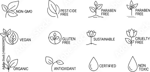 Set of non GMO, paraben free, natural, pesticides free, vegan, gluten free, non toxic, cruelty free, certified, sustainable, organic, antioxidant line art icons	