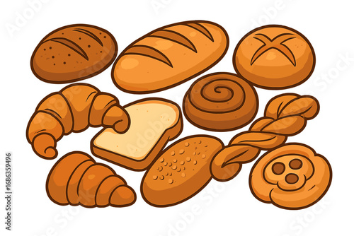 Baked goods assortment vector cartoon illustration. Set of various bread, pastries, croissant, loaf, bun, and sweet roll icons for a bakery shop menu or food design concepts.