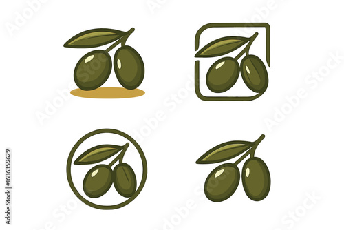 Set of green olive logo design templates. Collection of vector icons with olive branch and leaves. Natural organic food symbol for oil product. Fresh harvest illustration.