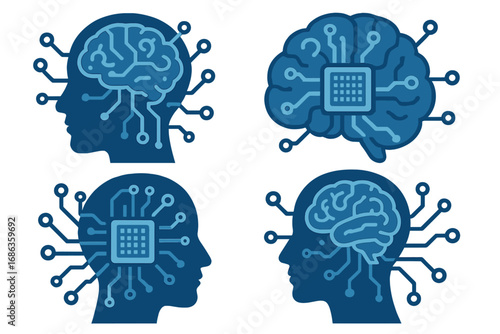 Artificial intelligence concept with head silhouette. Digital brain with CPU processor and circuit board. Technology, machine learning, and futuristic network mind vector icon set.